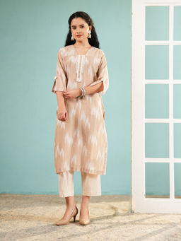 Ritivesh - Beige Ikat Silk Kurta Lace Placket with Pant