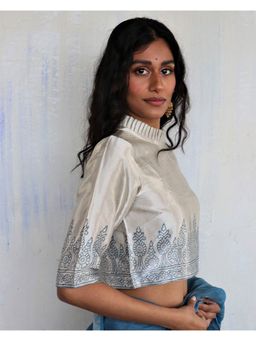 Chidiyaa - The Melting Moon
                  Cream Blue Block Printed Mashru Silk Blouse - 1