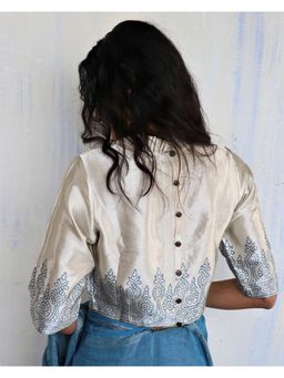 Chidiyaa - The Melting Moon
                  Cream Blue Block Printed Mashru Silk Blouse - 2