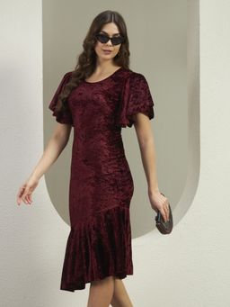 VAARARO - Velvet Bodycon Midi Dress for Women with Asymmetrical Flounce Hem