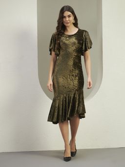 VAARARO - Velvet Bodycon Midi Dress for Women with Asymmetrical Flounce Hem