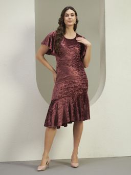 VAARARO - Velvet Bodycon Midi Dress for Women with Asymmetrical Flounce Hem
