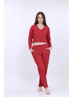 MAYSIXTY - Women Cotton Spandex Red Solid Full Sleeve Crop T-Shirt with Pyjama (Set of 2)