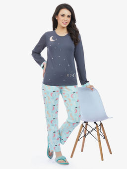 MAYSIXTY - Women 100% Cotton Blue Printed Full Sleeve T-Shirt with Pyjama (Set of 2)