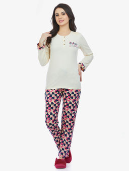 MAYSIXTY - Women 100% Cotton Off White Printed Full Sleeve T-Shirt with Pyjama (Set of 2)