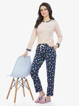 MAYSIXTY - Women 100% Cotton Pink Printed Full Sleeve T-Shirt with Pyjama (Set of 2)