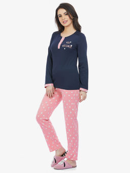 MAYSIXTY - Women 100% Cotton Navy Blue Printed Full Sleeve T-Shirt with Pyjama (Set of 2)