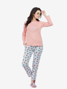MAYSIXTY - Women 100% Cotton Peach Printed Full Sleeve T-Shirt with Pyjama (Set of 2)