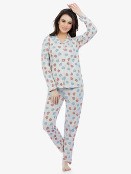 MAYSIXTY - Women 100% Cotton Off White Printed Full Sleeve T-Shirt with Pyjama (Set of 2)
