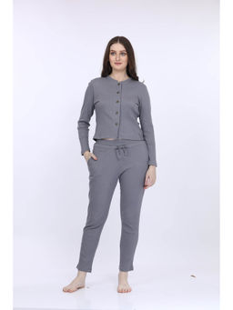 MAYSIXTY - Women Cotton Spandex Grey Solid Full Sleeve Fashion Crop T-Shirt Co-Ord (Set of 2)