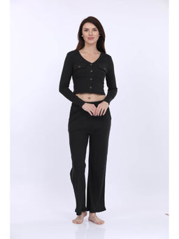 MAYSIXTY - Women Cotton Spandex Black Solid Full Sleeve Fashion Crop T-Shirt Co-Ord (Set of 2)