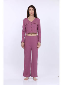 MAYSIXTY - Women Cotton Spandex Pink Solid Full Sleeve Fashion Crop T-Shirt Co-Ord (Set of 2)