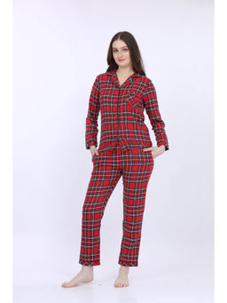 MAYSIXTY - Women Cotton Spandex Red Checked Full Sleeve T-Shirt with Pyjama (Set of 2)