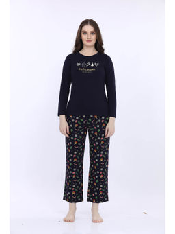 MAYSIXTY - Women 100% Cotton Navy Blue Printed Full Sleeve T-Shirt with Pyjama (Set of 2)