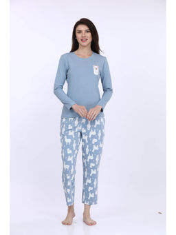 MAYSIXTY - Women 100% Cotton Blue Printed Full Sleeve T-Shirt with Pyjama (Set of 2)
