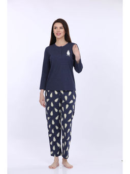 MAYSIXTY - Women 100% Cotton Navy Blue Printed Full Sleeve T-Shirt with Pyjama (Set of 2)