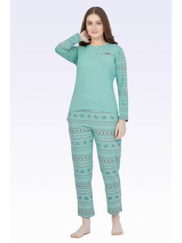 MAYSIXTY - Women 100% Cotton Green Printed Full Sleeve T-Shirt with Pyjama (Set of 2)