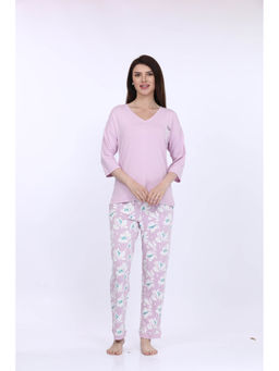 MAYSIXTY - Women Viscose Spandex Pink Printed Full Sleeve T-Shirt with Pyjama (Set of 2)