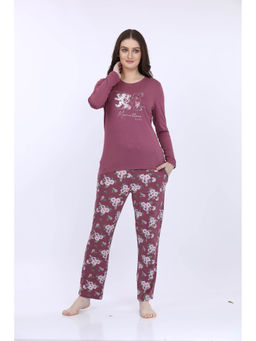 MAYSIXTY - Women Viscose Spandex Purple Printed Full Sleeve T-Shirt with Pyjama (Set of 2)
