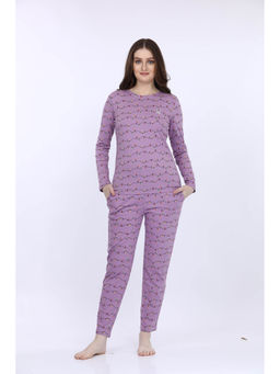 MAYSIXTY - Women 100% Cotton Purple Printed Full Sleeve T-Shirt with Pyjama (Set of 2)