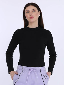 MAYSIXTY - Women Fleece Black Solid Full Sleeve Sweat Shirt