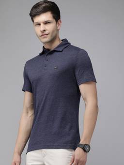 The Bear House - Men Navy Blue Solid Slim Fit Polo Collar Pure Cotton T-shirt