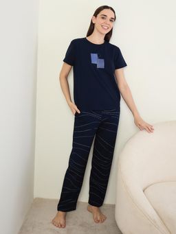 Sweet Dreams - Womens Graphic Printed Pyjama With Top Navy Blue