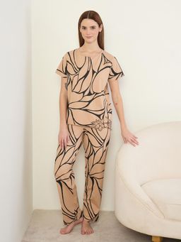 Sweet Dreams - Womens Abstract Printed Pyjama With Top Beige