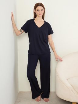 Sweet Dreams - Womens Solid Pyjama With Top Navy Blue