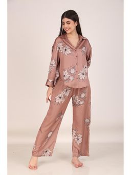 Masha - Brown Floral Oversized Satin Nightsuit