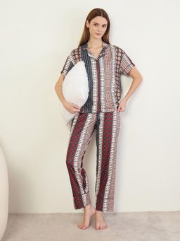 Sweet Dreams - Womens Geometric Printed Front Open Pyjama With Shirt Multi-Color