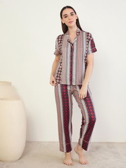 Sweet Dreams - Womens Geometric Printed Front Open Pyjama With Shirt Multi-Color