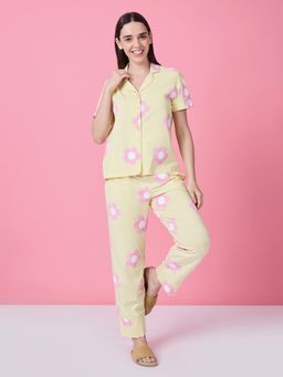 Sweet Dreams - Womens Floral Printed Front Open Pyjama With Shirt Yellow