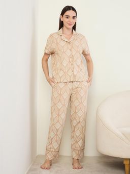 Sweet Dreams - Womens Geometric Printed Front Open Pyjama With Shirt Beige