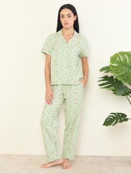 Sweet Dreams - Womens Geometric Printed Front Open Pyjama With Shirt Green
