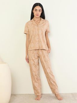 Sweet Dreams - Womens Geometric Printed Front Open Pyjama With Shirt Beige