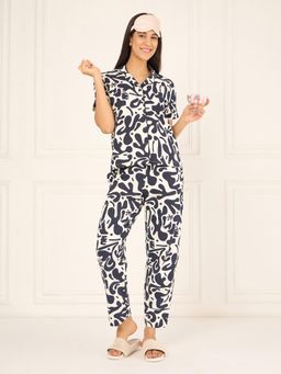 Sweet Dreams - Womens Abstract Printed Front Open Pyjama With Shirt Navy Blue