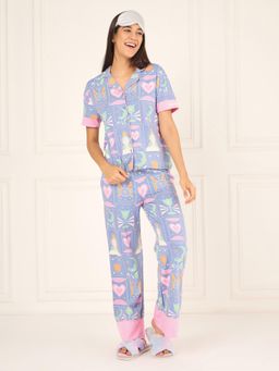 Sweet Dreams - Womens Printed Front Open Pyjama With Shirt Blue