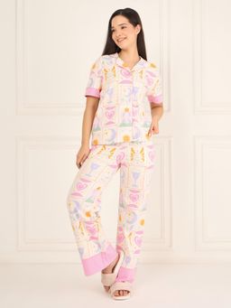 Sweet Dreams - Womens Printed Front Open Pyjama With Shirt White