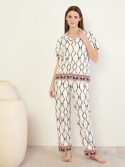 Sweet Dreams - Womens Geometric Printed Front Open Pyjama With Shirt White