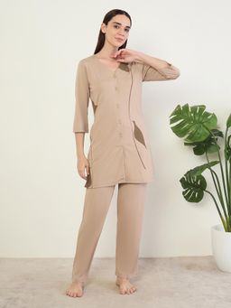 Sweet Dreams - Womens Printed Kurti Pyjama With Top Beige