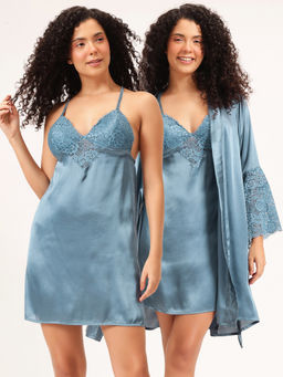 Clovia - Satin Padded Babydoll And Robe With Belt Grey