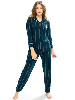 LOTIK - Womens Cotton Teal Strip Print Front Open Full Sleeve Nightsuit