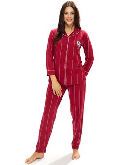LOTIK - Womens Cotton Red Strip Print Front Open Full Sleeve Nightsuit