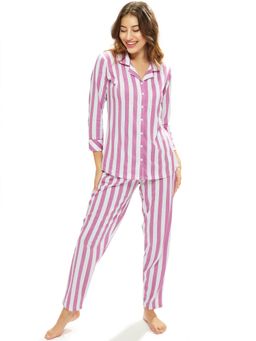LOTIK - Womens Cotton Pink Strip Print Front Open Full Sleeve Nightsuit