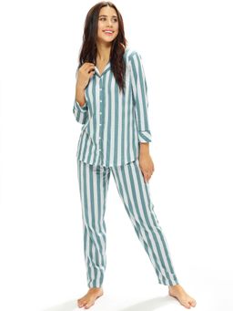 LOTIK - Womens Cotton Aqua Blue Strip Print Front Open Full Sleeve Nightsuit