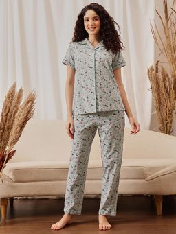 Clovia - Printed Button Down Shirt and Pyjama Light Green