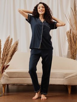 Clovia - Button-Down Shirt and Pyjama Navy Blue