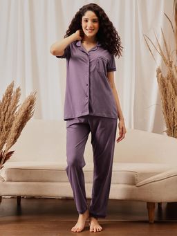 Clovia - Button-Down Shirt and Pyjama Wine