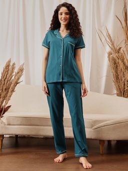 Clovia - Button-Down Shirt and Pyjama Teal Blue